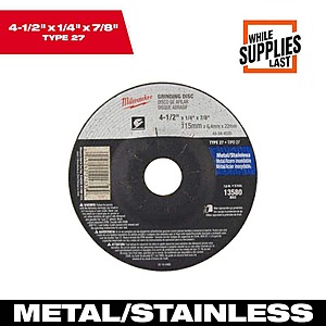Milwaukee 4-1/2" x 1/4" x 7/8" Type 27 Grinding Wheel $2.40 + Free Shipping