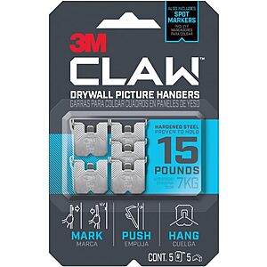 5-Pk 3M Claw Drywall Picture Hanger w/ Temporary Spot Marker (Up to 15 Lbs) $5.20 