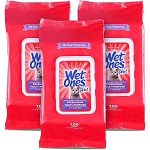 3-Pk 100-Ct Wet Ones for Pets Freshening Cat Wipes w/ Aloe Vera (Fresh Scent) $5.65 w/ S&S