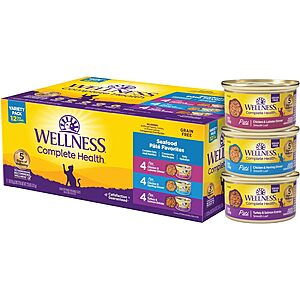 Wellness Complete Health Grain-Free Pate Wet Cat Food Seafood Variety 12-Pack
