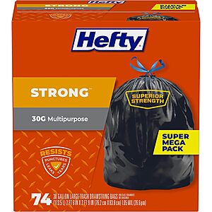 74-Count Hefty Strong 30-Gallon Large Trash Bags (Black) $12.54 w/ S&S + Free Shipping w/ Prime or on $35+