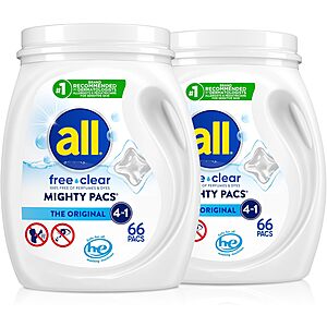 Select Accounts: 2-Pk 66-Ct All Free Clear MIGHTY PACS Laundry Detergent Pacs: 2 for $30.34 w/ S&S + Free S&H