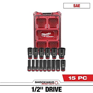 Milwaukee SHOCKWAVE 15-Piece 1/2" Drive SAE Deep Well PACKOUT Impact Socket Set $84.60 + Free Shipping