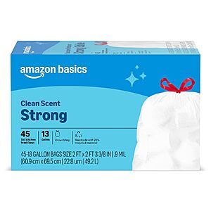 [Prime] 45-Count Amazon Basics 13-Gallon Tall Kitchen Drawstring Trash Bags (Clean Scent) $4.60 w/ S&S + Free Shipping
