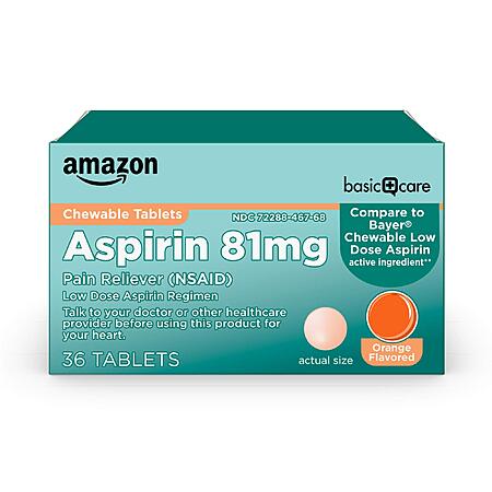 36-Count Amazon Basic Care Low Dose Aspirin 81 mg Chewable Tablets (Orange) $1.84 w/ S&S + Free Shipping w/ Prime or on $35+