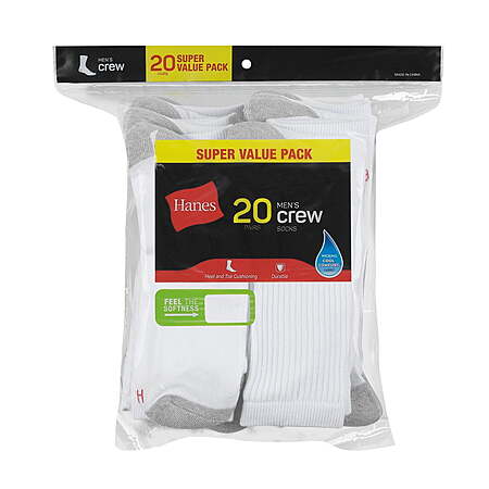 20-Pack Hanes Men's Lightweight Crew Socks (Black or White) $10 + Free Shipping w/ Walmart+ or on $35+