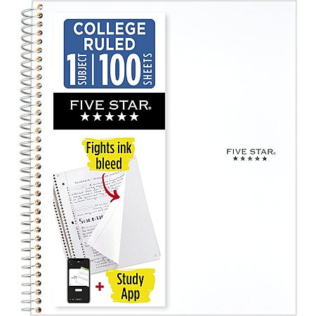 Five Star 1-Subject College Ruled Spiral Notebook (White, 100 Sheets) $2 + Free Shipping w/ Prime or $35+