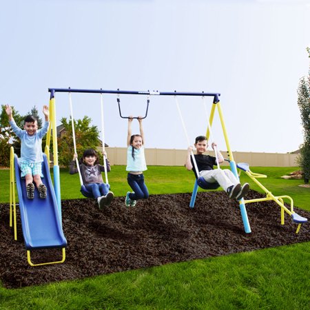 Sportspower Outdoor Super First Metal Swing Set with Trapeze, Teeter-Totter, and 6' Heavy Duty Slide $139 + Free S&H