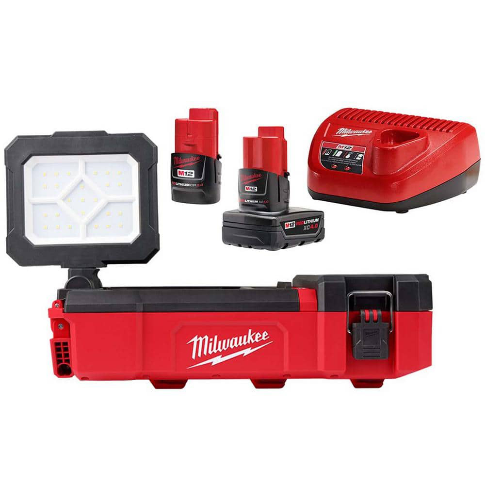 Milwaukee M12 12-Volt Lithium-Ion Cordless PACKOUT Flood Light w/USB Charging, One 4.0 Ah and One 2.0 Ah Batteries and Charger 2356-20-48-59-2424 - $149 Home Depot