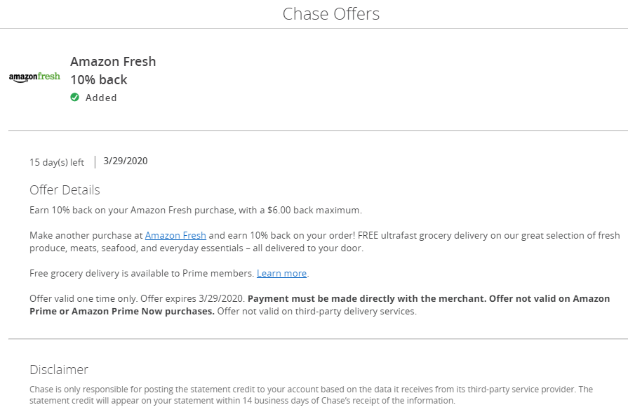 10 Off Amazon Fresh Limit 6 For Selected Chase Customers