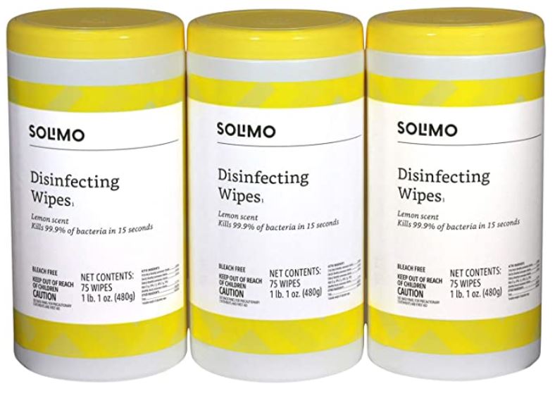 Amazon Brand - Solimo Disinfecting Wipes, Lemon Scent, Sanitizes/Cleans/Disinfects/Deodorizes, 75 Count (Pack of 3) $8.99