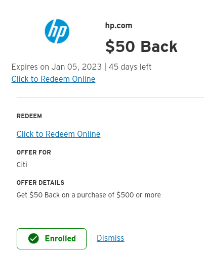 Citi Merchant Offers $50 back $500 or more at HP - check your card