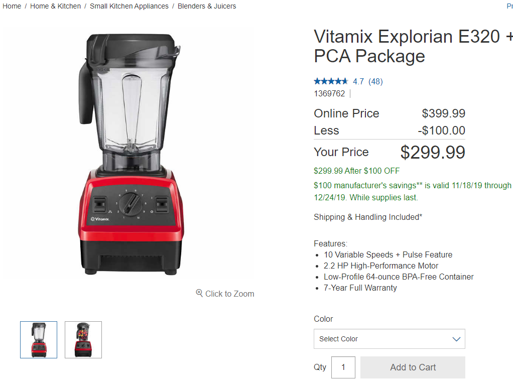 Costco Vitamix Explorian E320 + PCA Package is $100 off $299.99
