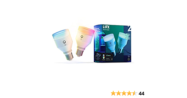 LIFX Clean, A19 1100 lumens, Full Color with Antibacterial HEV, Wi-Fi Smart LED Light Bulb, No Bridge Required (2-Pac k