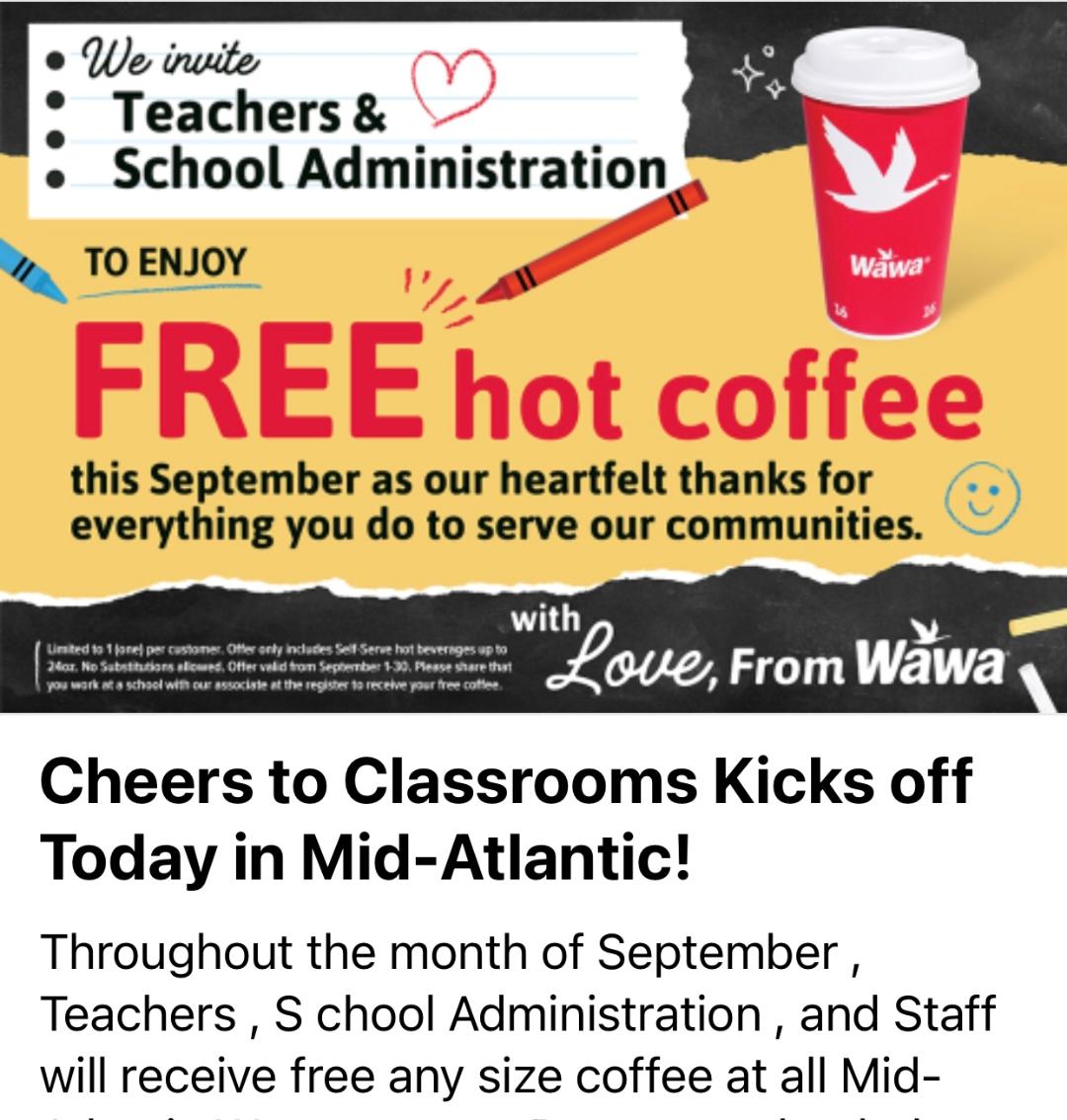 Wawa Free coffee Mid Atlantic stores (PA, DE, VA, NJ, DC, MD) for