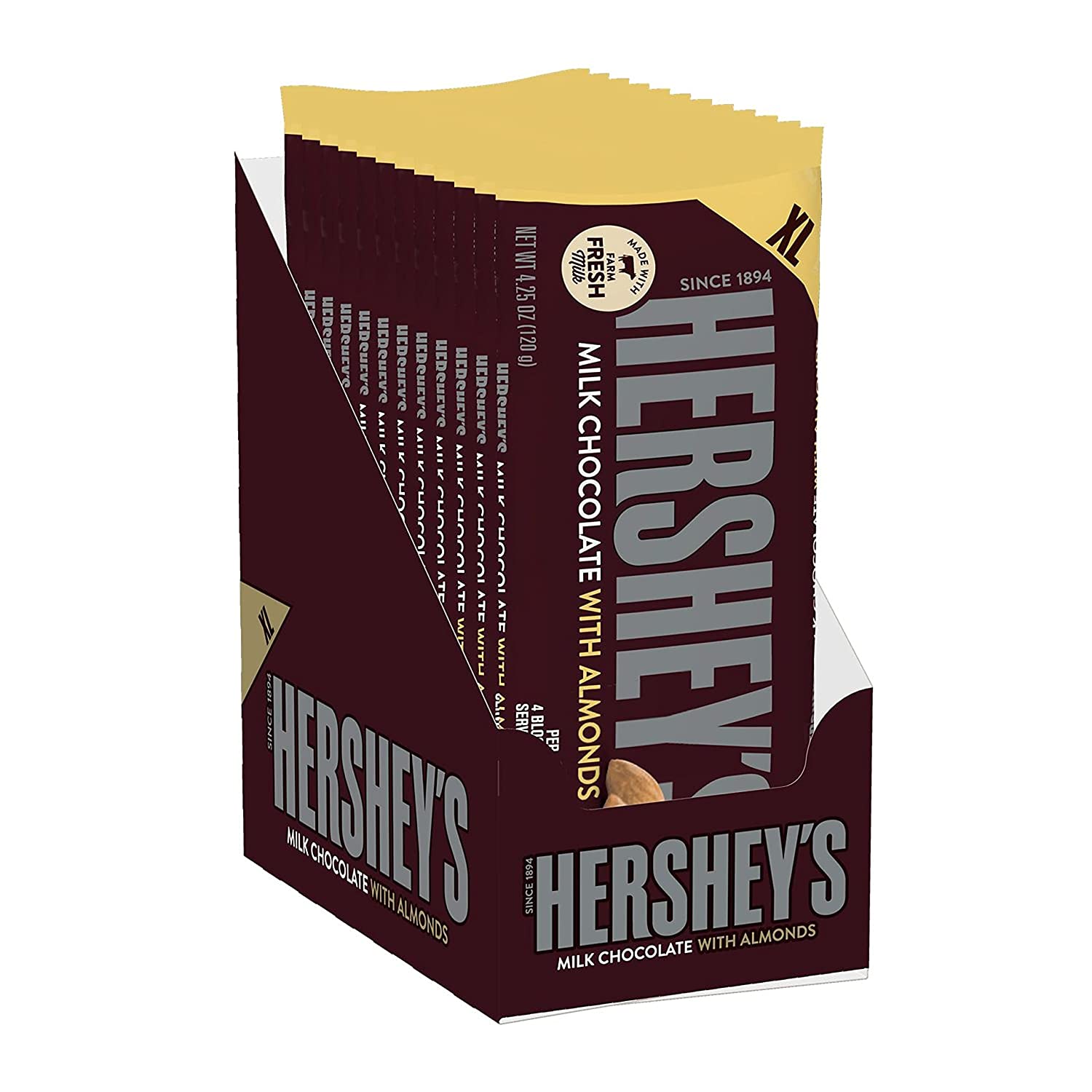 HERSHEY'S Milk Chocolate with Almonds Candy, Holiday, 4.25 oz Extra Large Bars (12 Count) - $15.10 AC w/10% S&S, $16.87 AC w/S&S