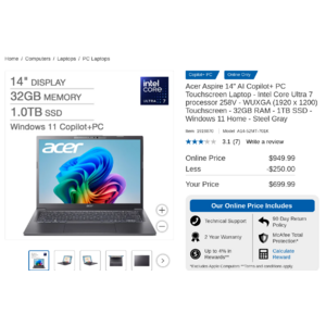 $699.99 Costco, Acer Aspire 14" - Intel Core Ultra 7 processor 258V - WUXGA (1920 x 1200) Touchscreen - 32GB RAM - 1TB SSD