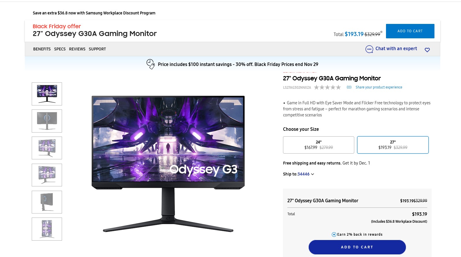 Samsung Odyssey G30A 27" Gaming Monitor (Flat Panel) $193.19 w/ EPP/EDU at Samsung.com (retail $329) 24" @ $167.99 1080P 144HZ Flat Panel