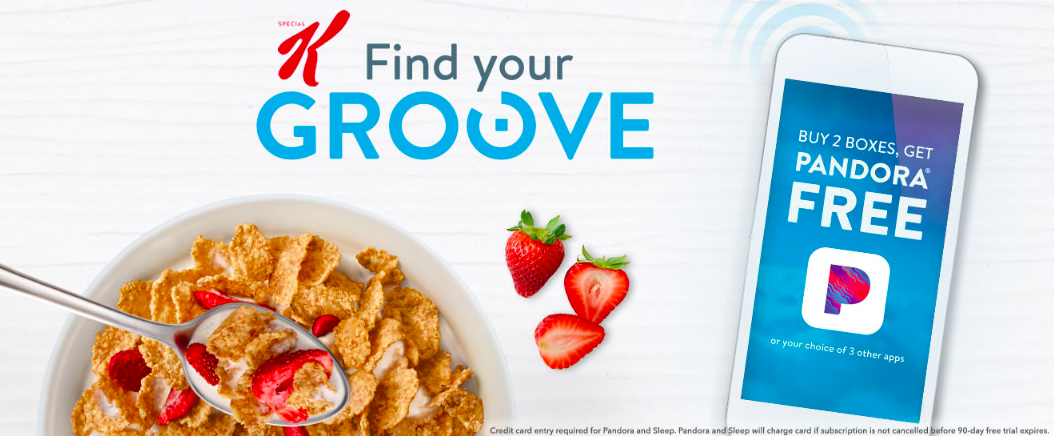 Buy 2 participating Kellogg's products, get one 3mo subscription free (Pandora, Pear™ Fitness, Cozi or Sleep)