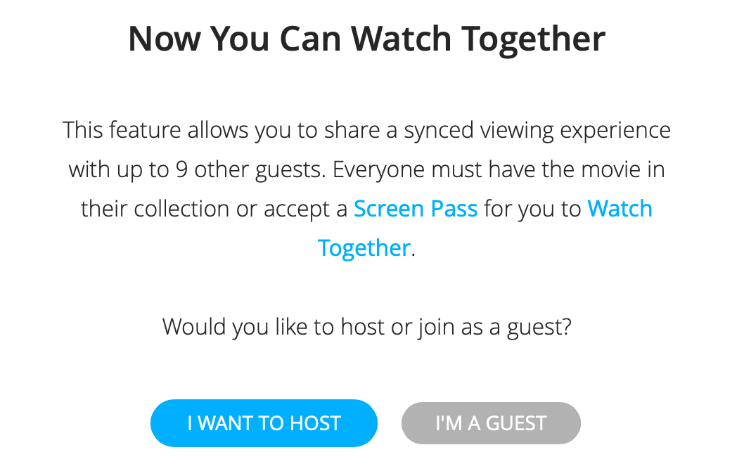 MoviesAnywhere Watch Together FREE if you own the movie or have a (3 free per month) Screen Pass