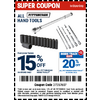 Harbor Freight Super Savings sale, 15% all Pittsburgh hand tools, 10% off Franklin ladders, 15% off all clamps, 25% off US Gen magnetic acc,15% off Apache cases, ITC saves extra 5%