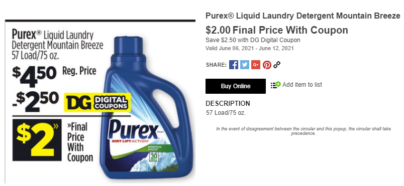75oz Purex Liquid Laundry Detergent Mountain Breeze, $2 with digital coupon, Dollar General