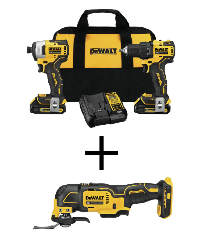 Dewalt ATOMIC 20-Volt MAX Brushless Cordless Drill/Impact Combo Kit (2-Tool) with Bare Cordless Oscillating Tool, reciprocating saw or sander, $199, free shipping, Home Depot