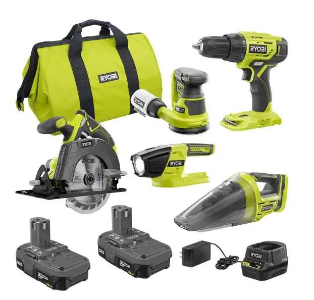 Ryobi 18-Volt ONE+ Cordless 5-Tool Combo Kit with (2) 1.5 Ah Compact Lithium-Ion Batteries, Charger, and Bag, $139, free shipping, Home Depot