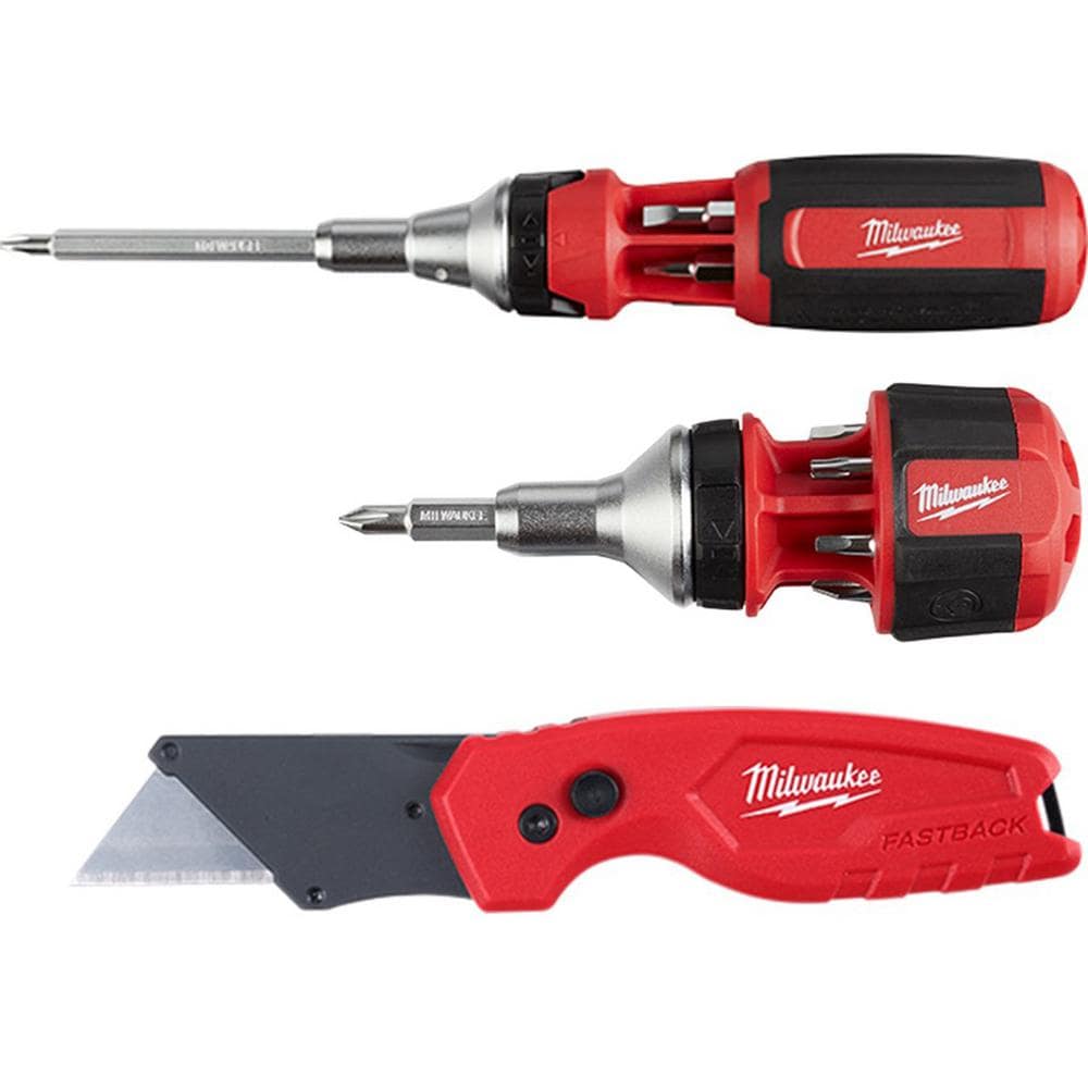 Milwaukee 9-in-1 Ratcheting Multi-Bit Screwdriver with 8-in-1 Compact Ratcheting Multi-Bit Screwdriver and FASTBACK Compact Knife, $27.94, free shipping, Home Depot
