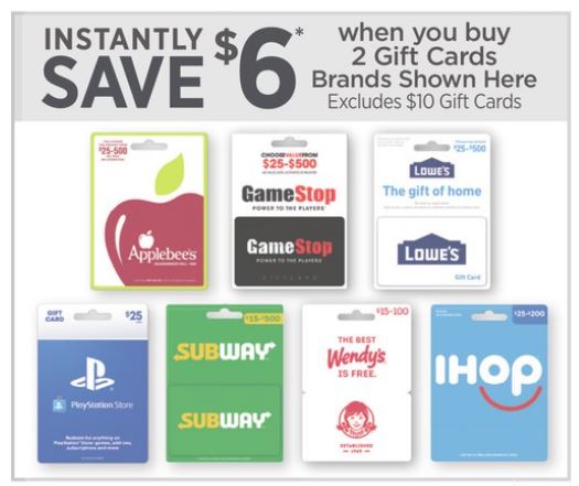 Dollar General in store, save $6 on purchase of 2 gift cards from Lowe's, Applebees, Subway, Gamestop, Playstation, Wendy's, IHOP ($50 for $44)