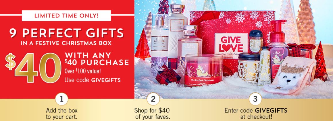 Bath & Body Works, 9 piece Festive Christmas gift set, $40 with $40 purchase, code GIVEGIFTS