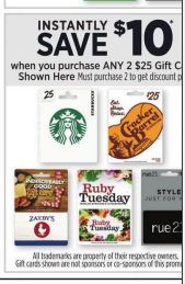 Dollar General Black Friday in store, 11/24-11/26 : Buy TWO $25 gift cards, instantly save $10 - Starbucks, Cracker Barrel, Zaxby's, Ruby Tuesday, Rue 21