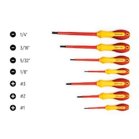 7 piece Crescent VDE electrically Insulated Screwdriver set, $20.99, 6 piece diamond mini screwdriver set, $12.59, 2 piece screw biter set, $10.49, free.pickup, Lowe's