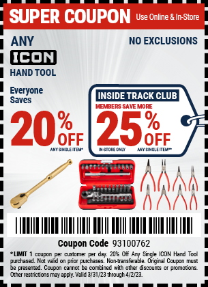 Harbor Freight, 20% ICON hand tools, 10% off tool storage, floor jacks, 20% off gloves, 15% off Bauer tools + more w/ cpns, ITC members save more