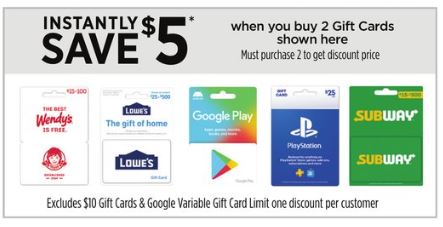 Dollar General in store, Buy 2 select gift cards, save $5, $50 worth for $45 (Lowe's, Wendy's, Google Play, Playstation, Subway)