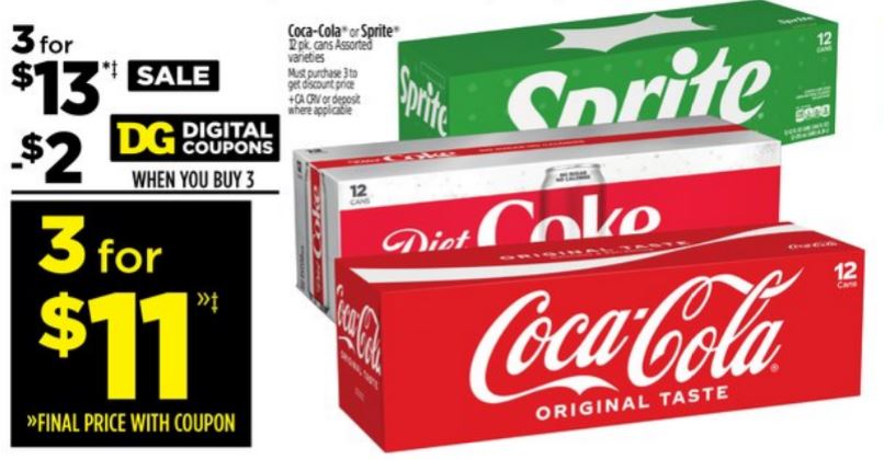Dollar General, Coca-Cola or Sprite 12 packs,  3 for $11 w/ digital cpn