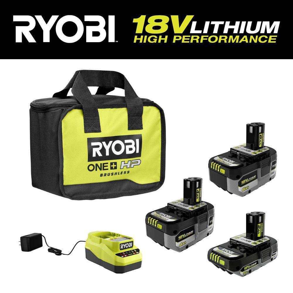 RYOBI ONE+ 18V Lithium-Ion HIGH PERFORMANCE Starter Kit with 2.0, 4.0, 6.0 Ah Batteries, Charger, and Bag, $109, W/ dual port charger, $119, Home Depot, FS $109