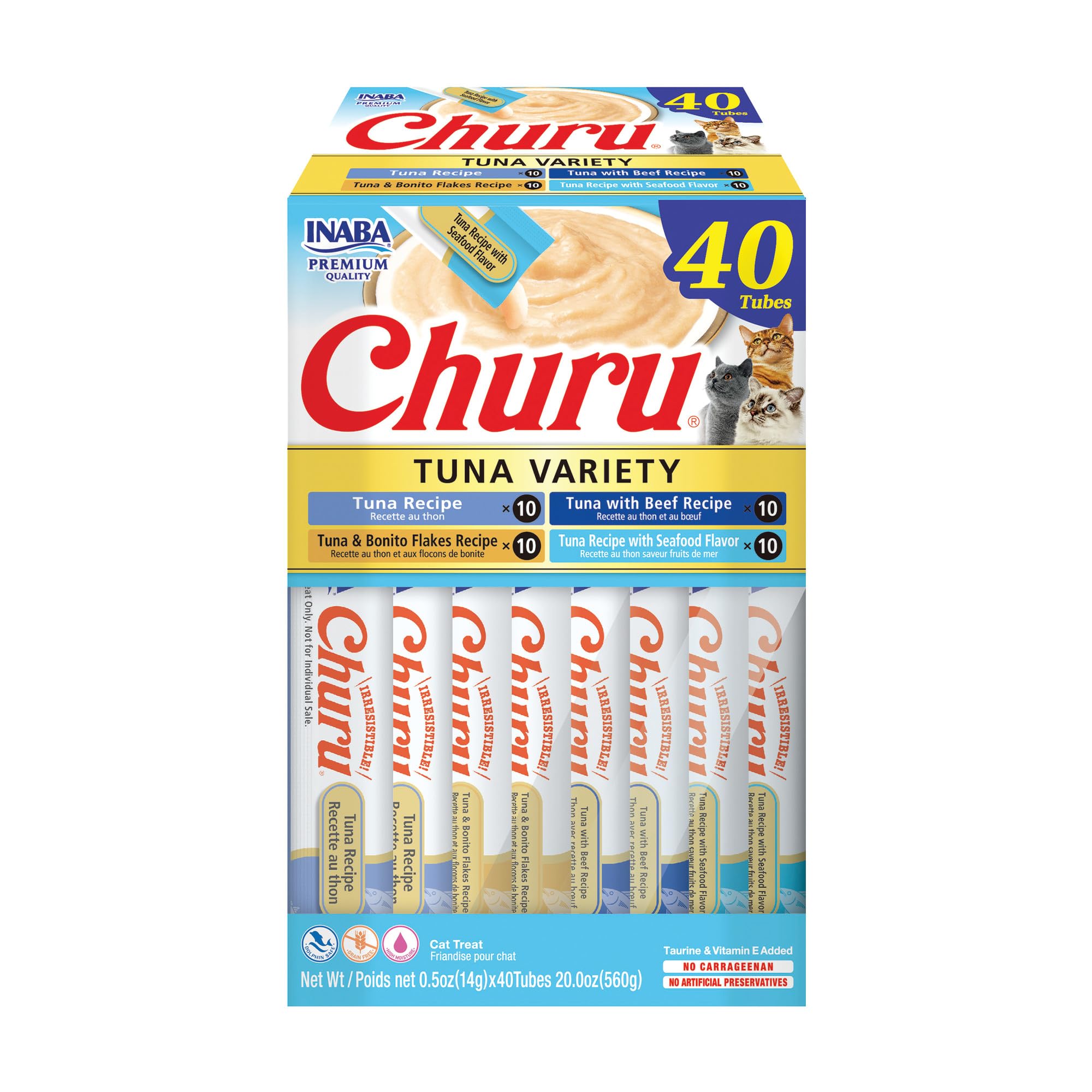 INABA Churu Cat Treats, Grain-Free, Lickable, Squeezable Creamy Purée Cat Treat/Topper with Vitamin E & Taurine, 40 Tubes, Tuna Variety Box, $15.96 w/ S&S,, Amazon