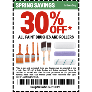 Harbor Freight coupon valid through 3/31, 30% off all paint brushes & rollers, 20% off all bar clamps, in store only