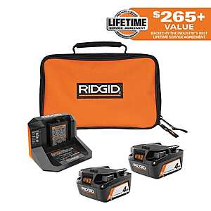 RIDGID 18V Lithium-Ion (2) 4.0 Ah Battery Starter Kit with Charger and Bag, $75, free shipping, Home Depot