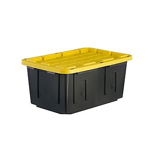 Project Source Commander Large 27 -Gallons ( 108 -Quarts ) Black and Yellow Heavy Duty Stackable Tote with Standard Snap Lid, USA made, $7.98, free pickup, Lowe's