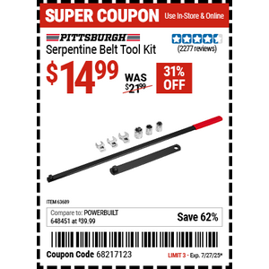 PITTSBURGH Serpentine Belt Tool Kit, $14.99 with coupon, Harbor Freight