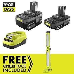 RYOBI ONE+ 18V Cordless LED Workbench Light Kit with 4.0 Ah Battery, 2.0 Ah Battery, and Charger, $79, FS, Home Depot