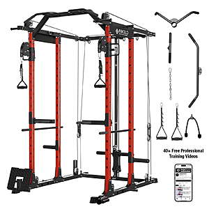 Mikolo Power Rack Cage, 1500 lbs Weight Rack with Cable Crossover Machine, Multi-Function Squat Rack with J Hooks, Dip Bars and Landmine for Home Gym (Red), $410, FS, Walmart