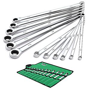 Prime members,SK Extra Long Ratcheting Wrench Set, Double Box End Wrench Set, 12-Piece, Metric, 8 mm to 19 mm, 72-Tooth, Premium CR-V Construction, with Rolling Pouch $112