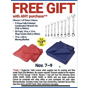 Harbor Freight, Nov 7-9, FREE gift with any $34.99 purchase, ITC receives free with ANY purchase, 9 piece wrench set, 50 pack shop towels or moving blanket