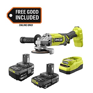 RYOBI ONE+ 18V Lithium-Ion Kit with 2.0 Ah and 4.0 Ah Batteries, Charger, and ONE+ 18V Cordless 4-1/2 in. Angle Grinder, $87, FS, Home Depot