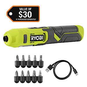 Ryobi 4V Cordless 1/4 in.Screwdriver Kit with Bit Accessories (10-Piece) and USB Cable,$18.97,FS,Home Depot