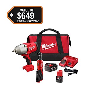 Milwaukee M12 3/8 in. Ratchet and M18 brushless 1/2 in. High Torque Impact Wrench with M18 4.0 and M12 1.5 batteries, $299, FS, Home Depot