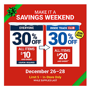 Harbor Freight In-Stores Offer: Make It a Savings Weekend: All Items $10 or Less 30% Off & More (valid thru 12/28)